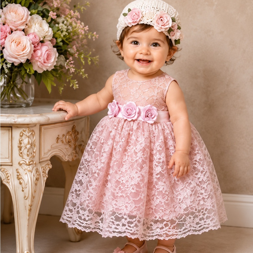 Pink Lace Flower-Sash Baby Girl Formal Dress